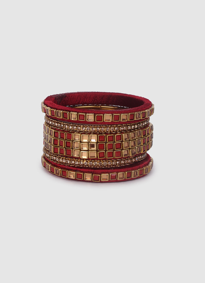 Maroon Threadwork Bangle Set with Square Stones