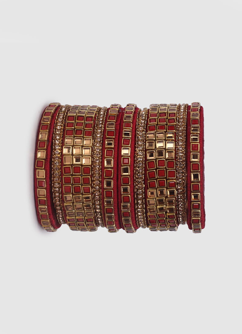 Maroon Threadwork Bangle Set with Square Stones