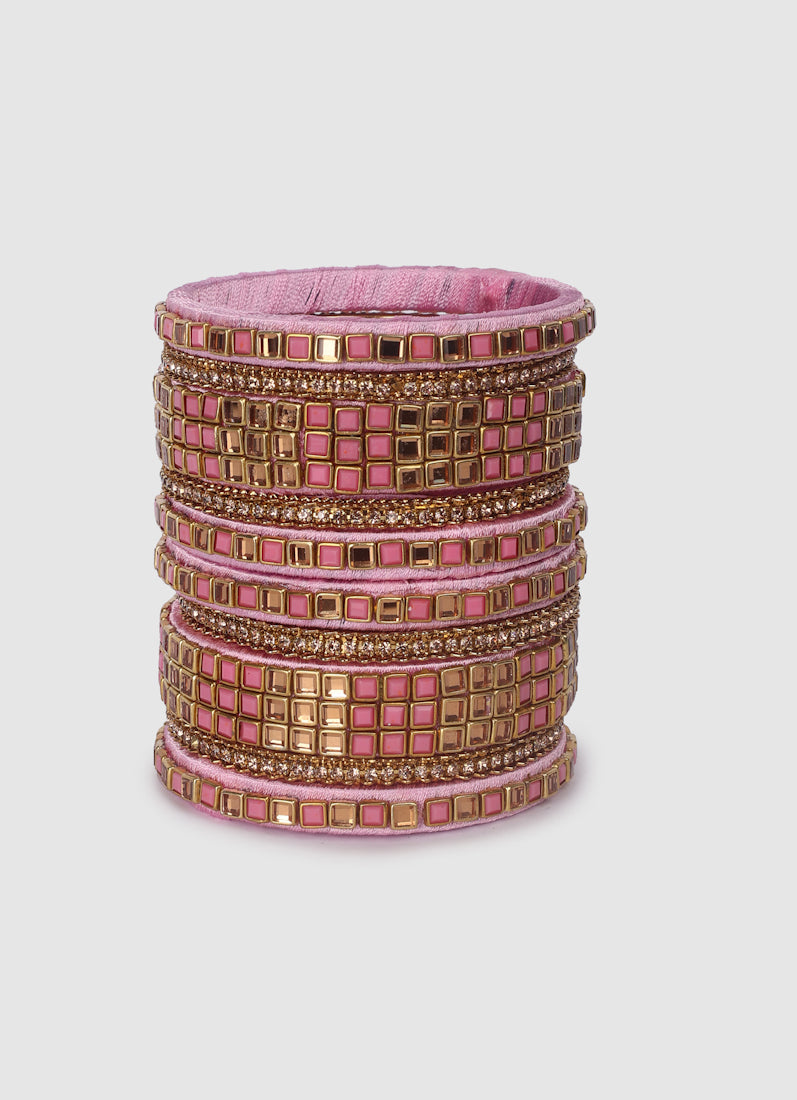 Blush Pink Threadwork Bangle Set with Square Stones