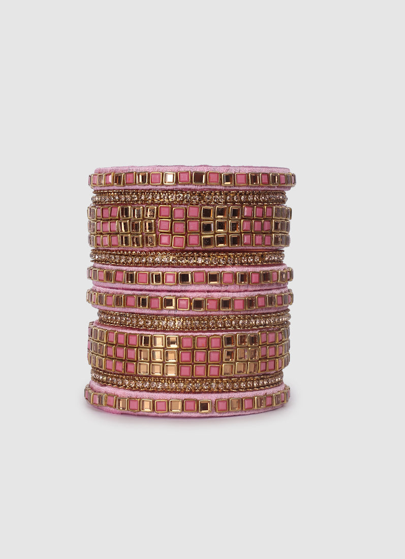 Blush Pink Threadwork Bangle Set with Square Stones