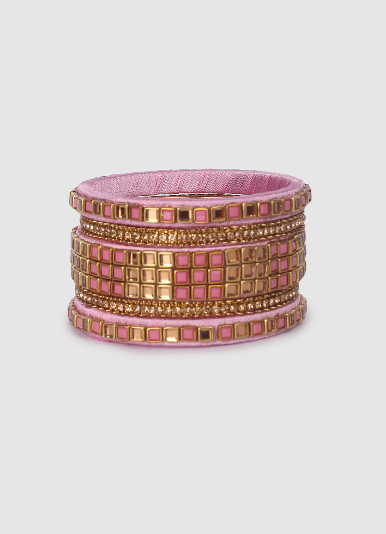 Blush Pink Threadwork Bangle Set with Square Stones