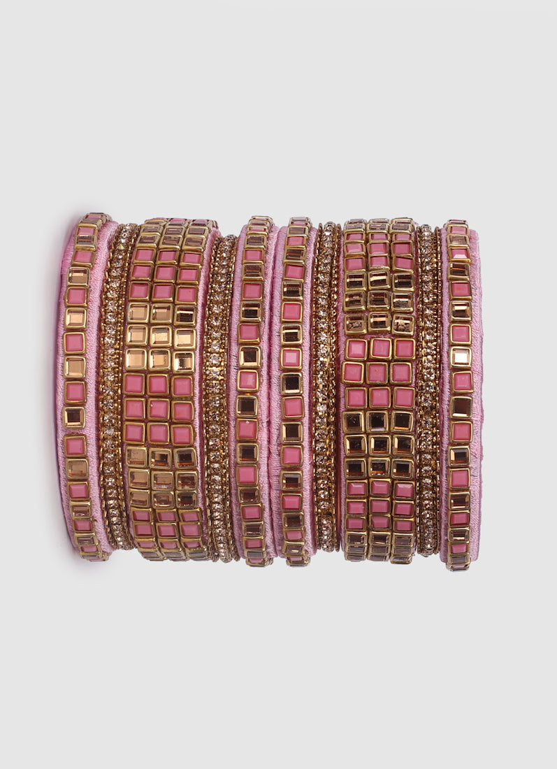 Blush Pink Threadwork Bangle Set with Square Stones