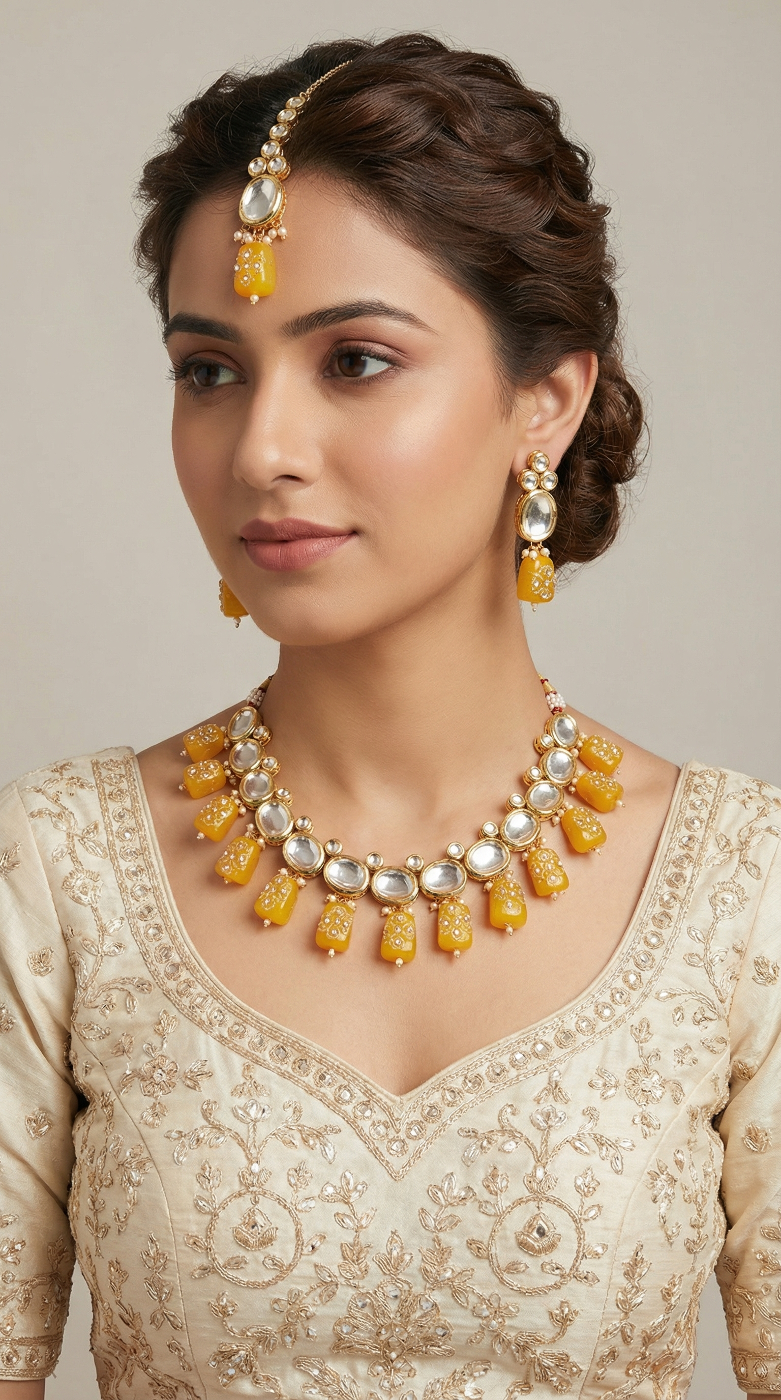 Gold Round Mirror Beads Kundan Necklace Set