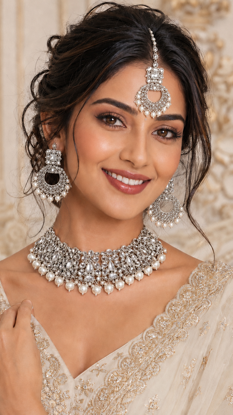 Silver pearl bridal jewellery set with choker necklace, statement earrings and maang tikka, Asian wedding jewellery by Diya Online