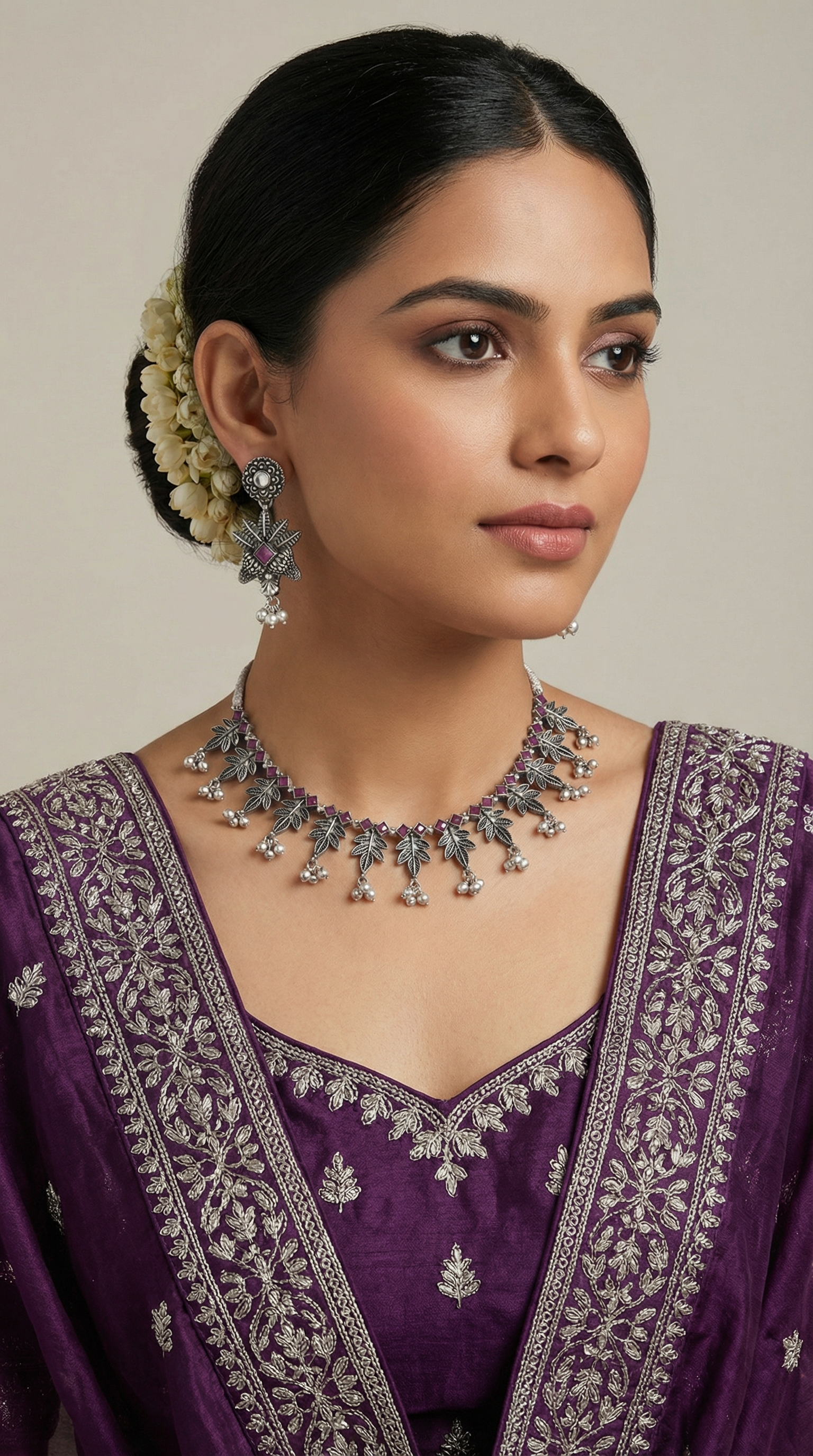 Lilac Oxidised Necklace with Earrings Set