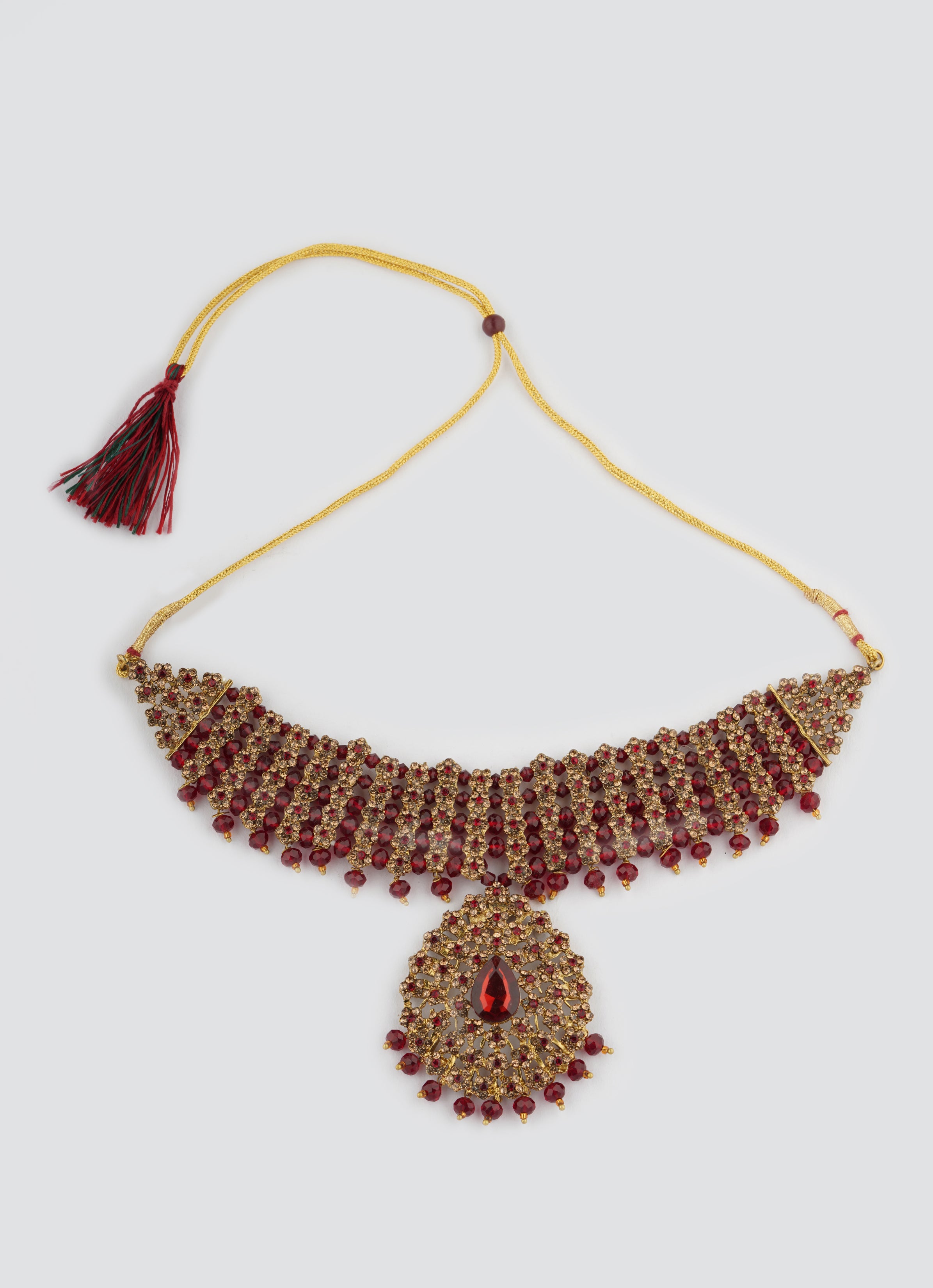 Gold Diamante Bridal Jewelry Set with Maroon Crystal Beads - Complete Wedding Set