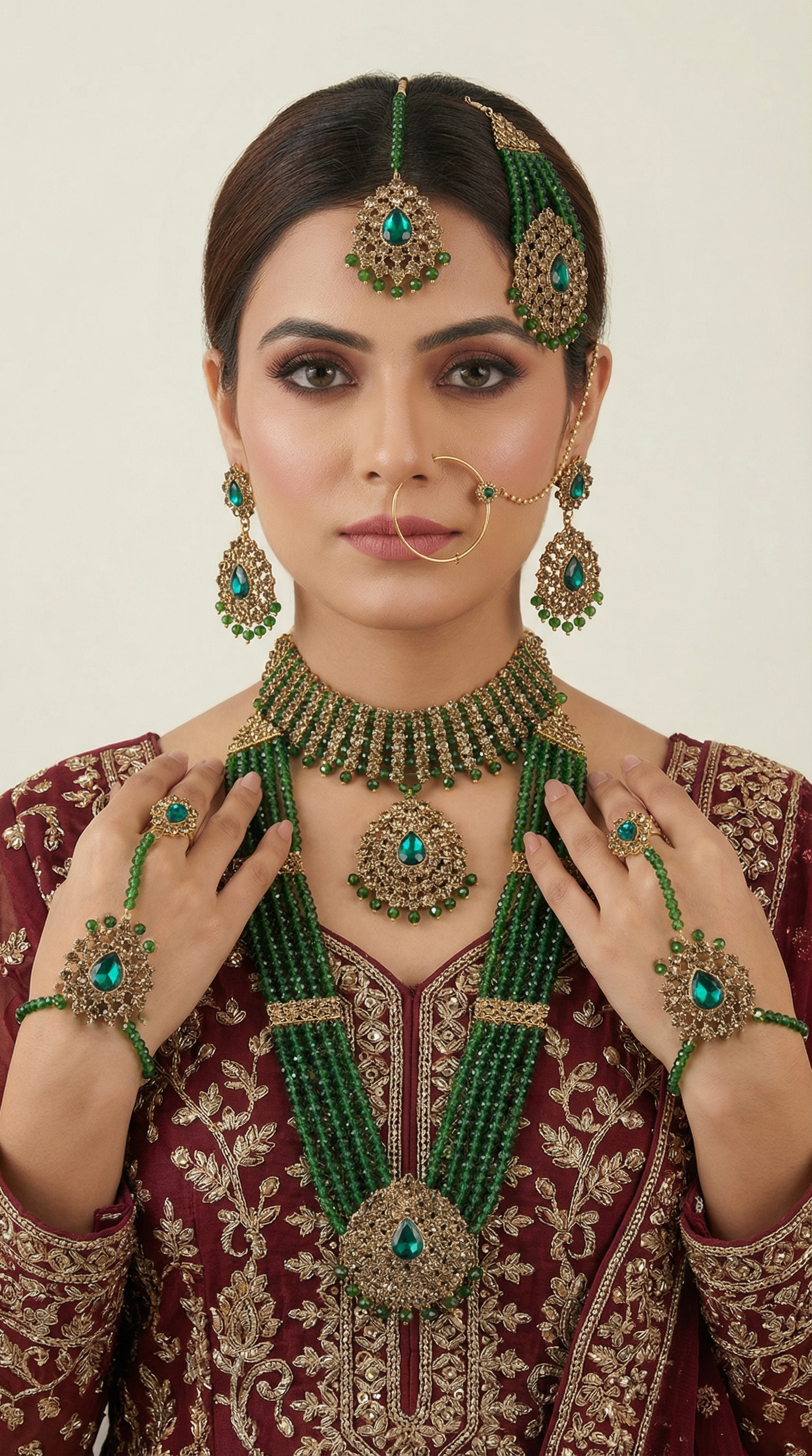 Gold Diamante Bridal Jewelry Set with Dark Green Crystal Beads - Complete Wedding Set