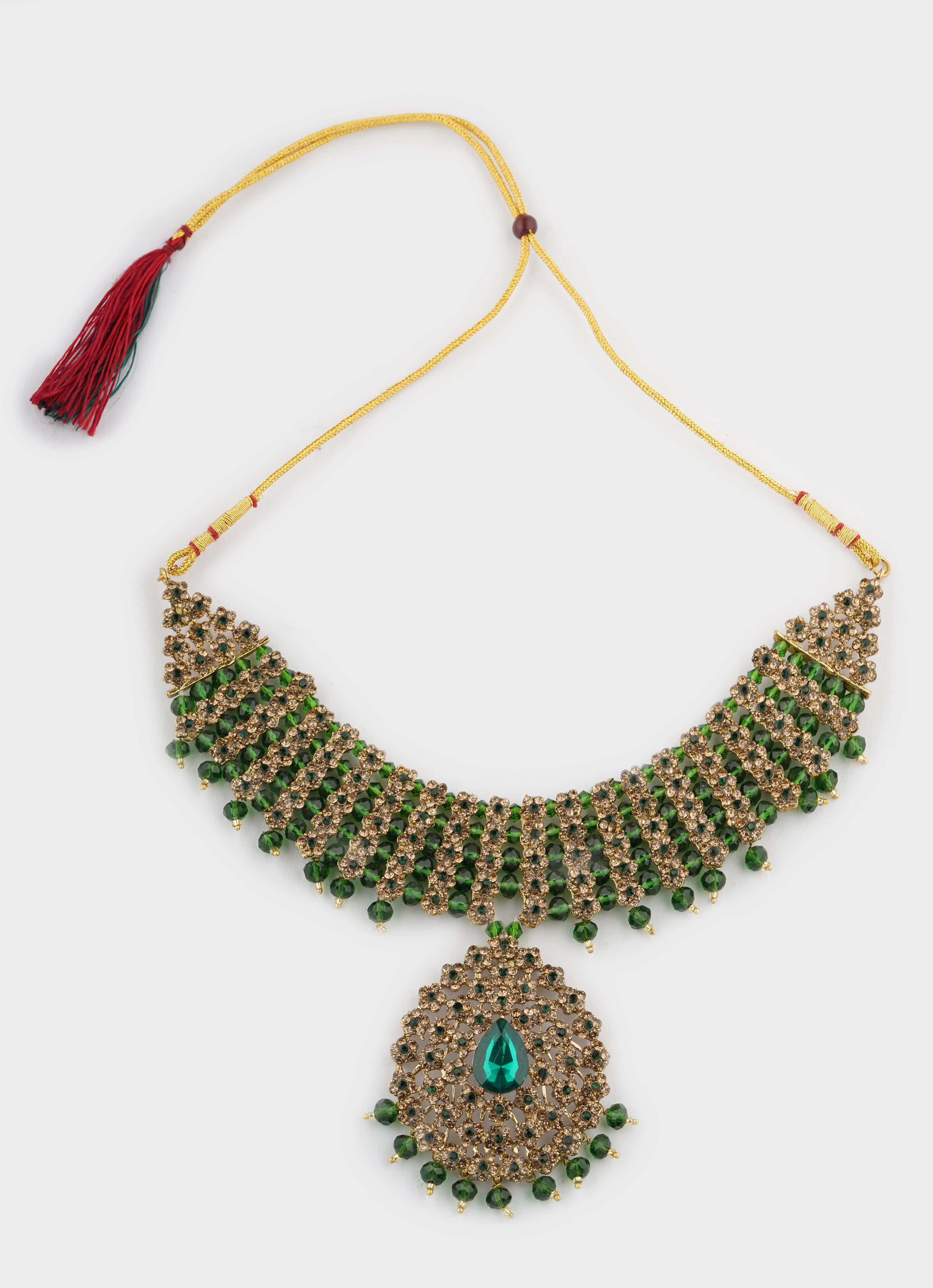 Gold Diamante Bridal Jewelry Set with Dark Green Crystal Beads - Complete Wedding Set