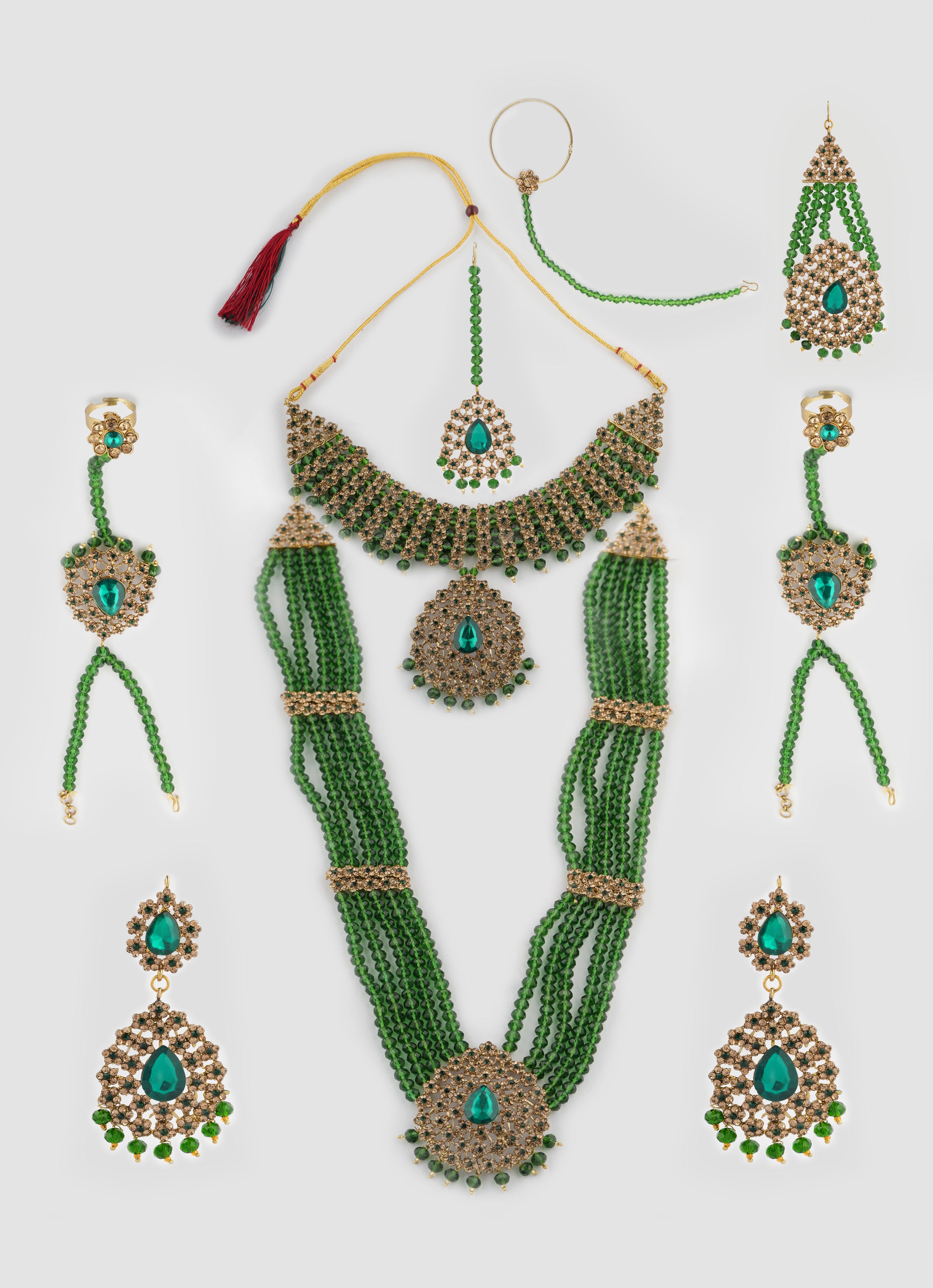 Gold Diamante Bridal Jewelry Set with Dark Green Crystal Beads - Complete Wedding Set