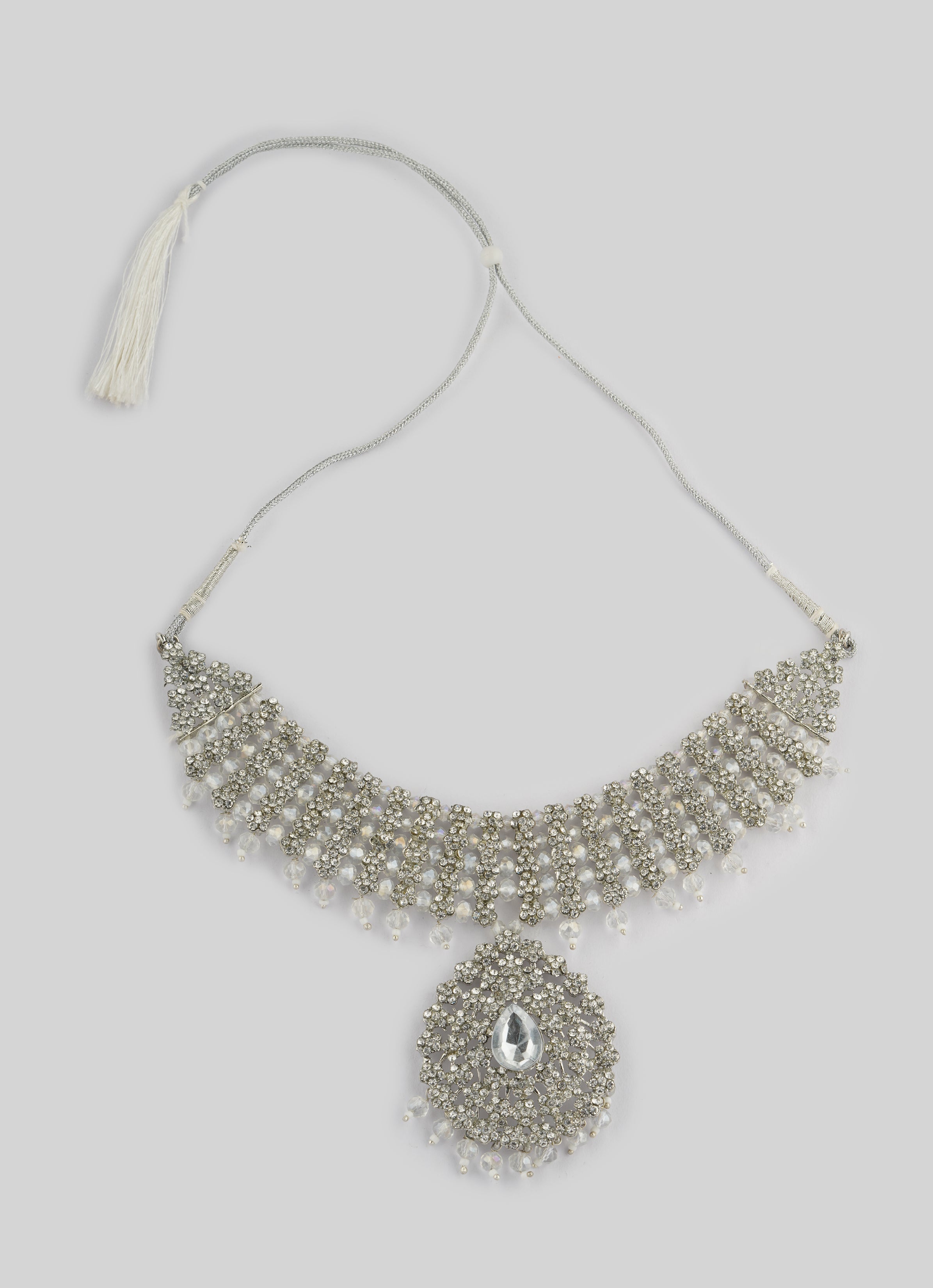 Silver Crystal Stone Bead Necklace Set