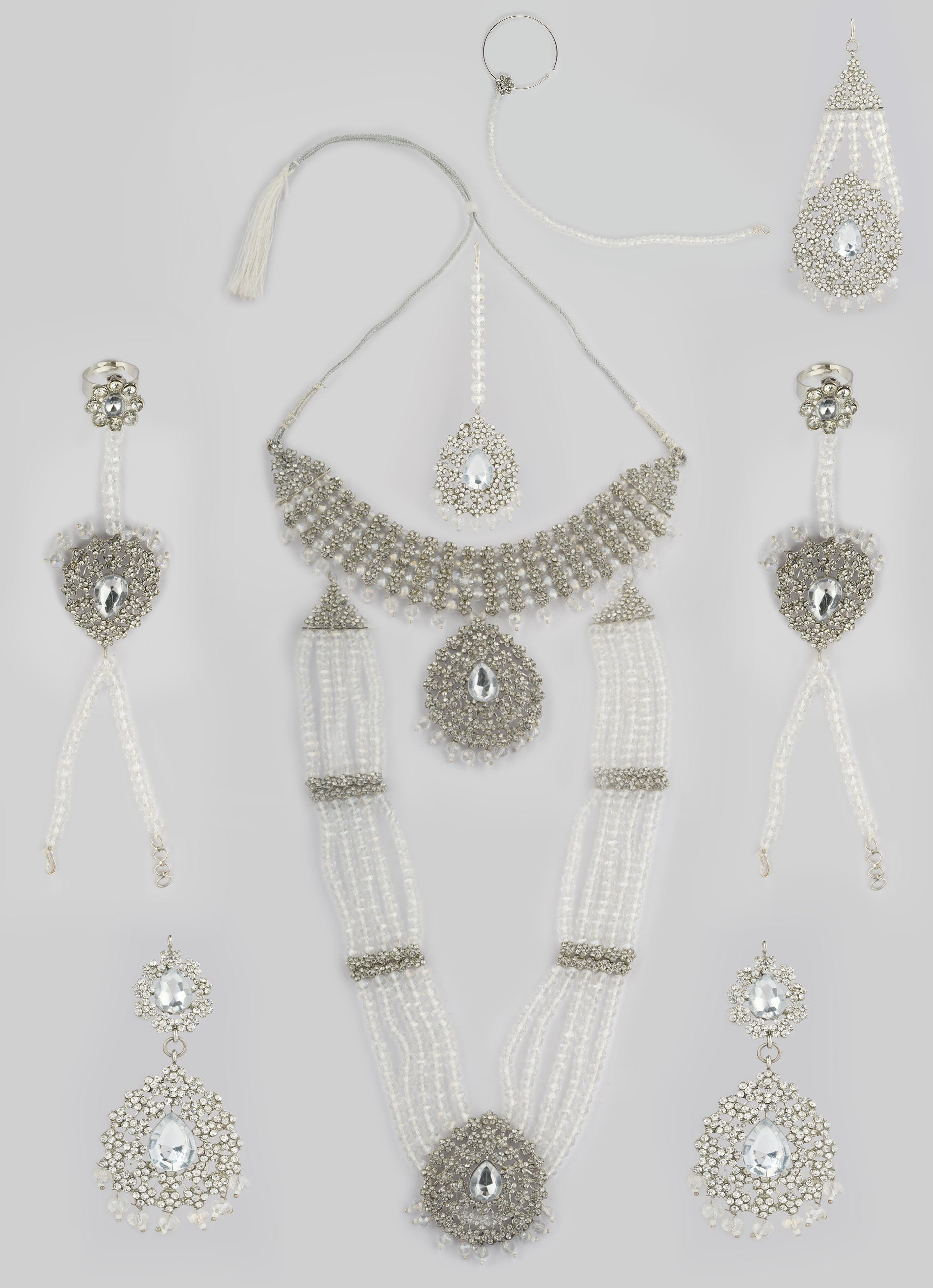 Silver Crystal Stone Bead Necklace Set