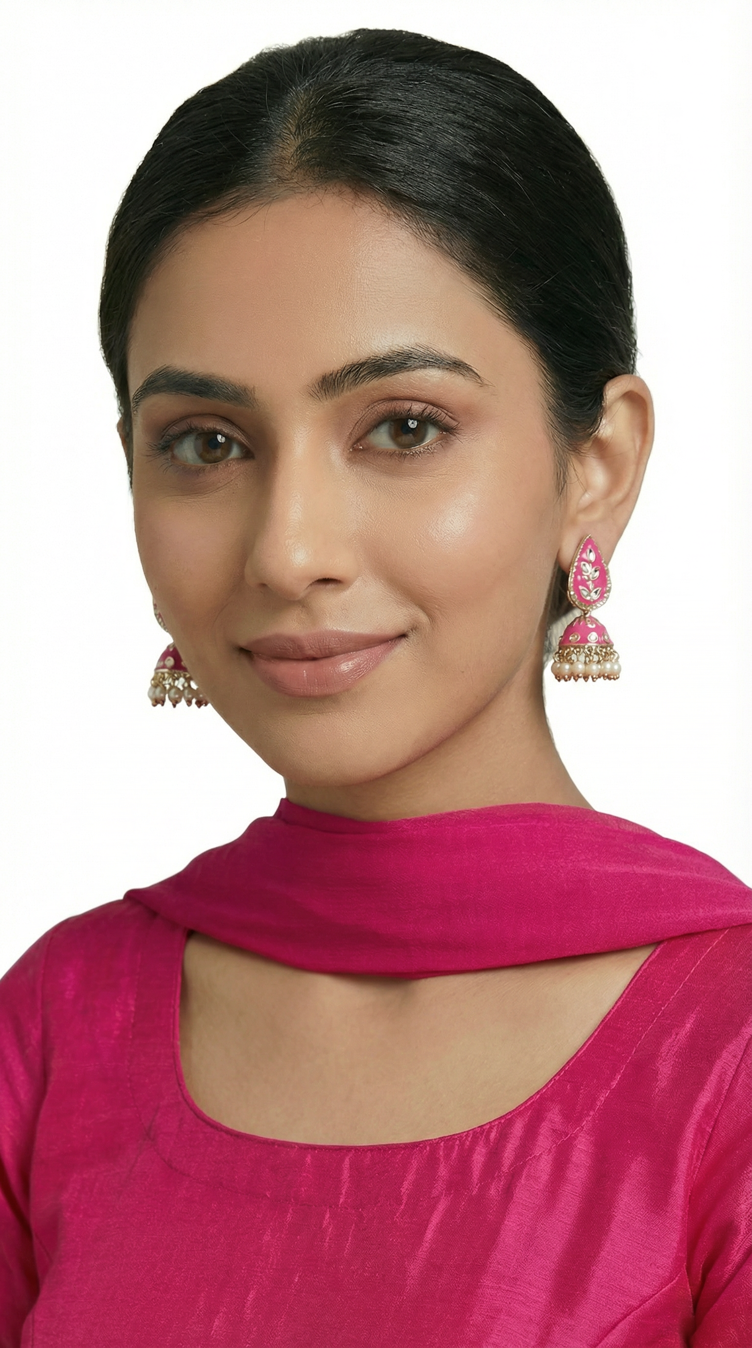 Traditional Rani Pink Enamel Jumki Earrings