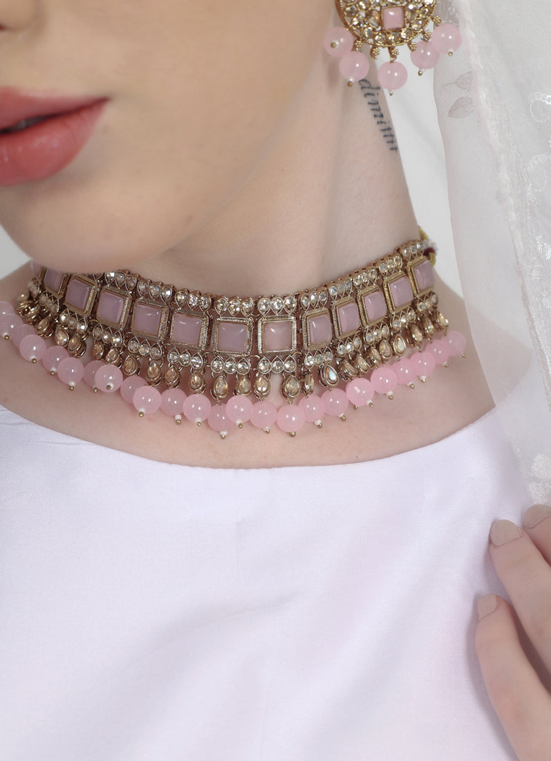 Pink Pearl Choker Necklace Set