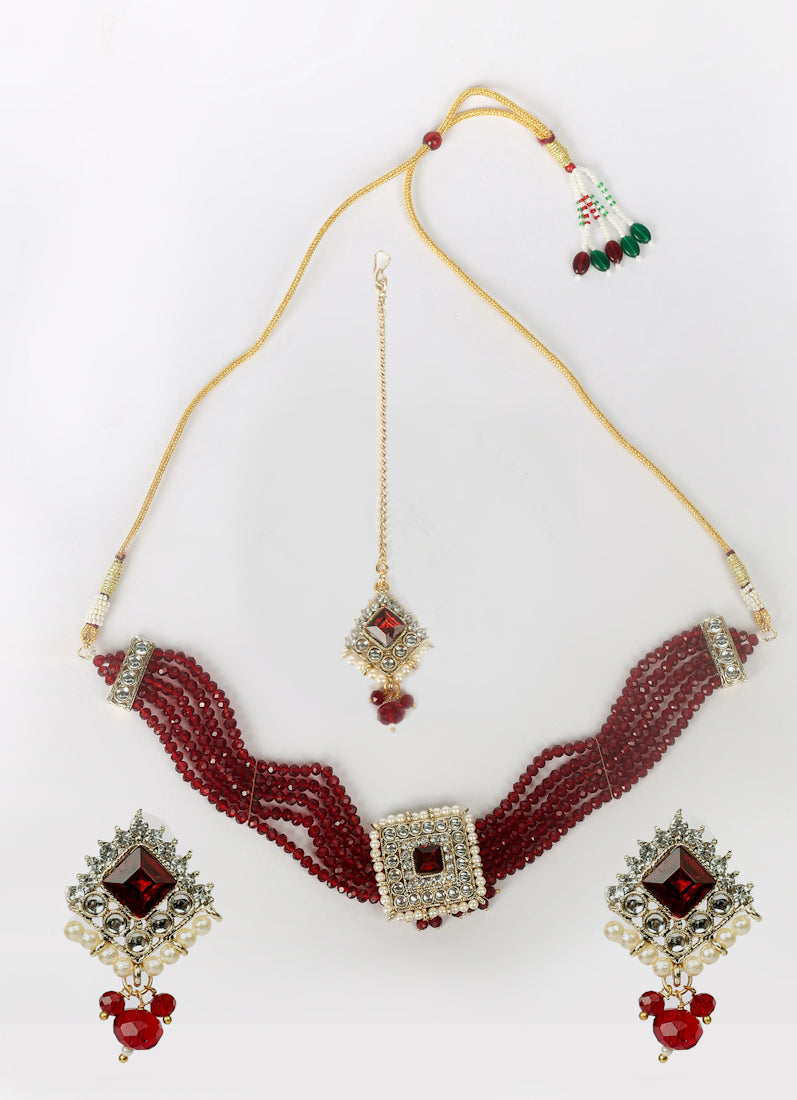 Maroon Crystal Chocker Set