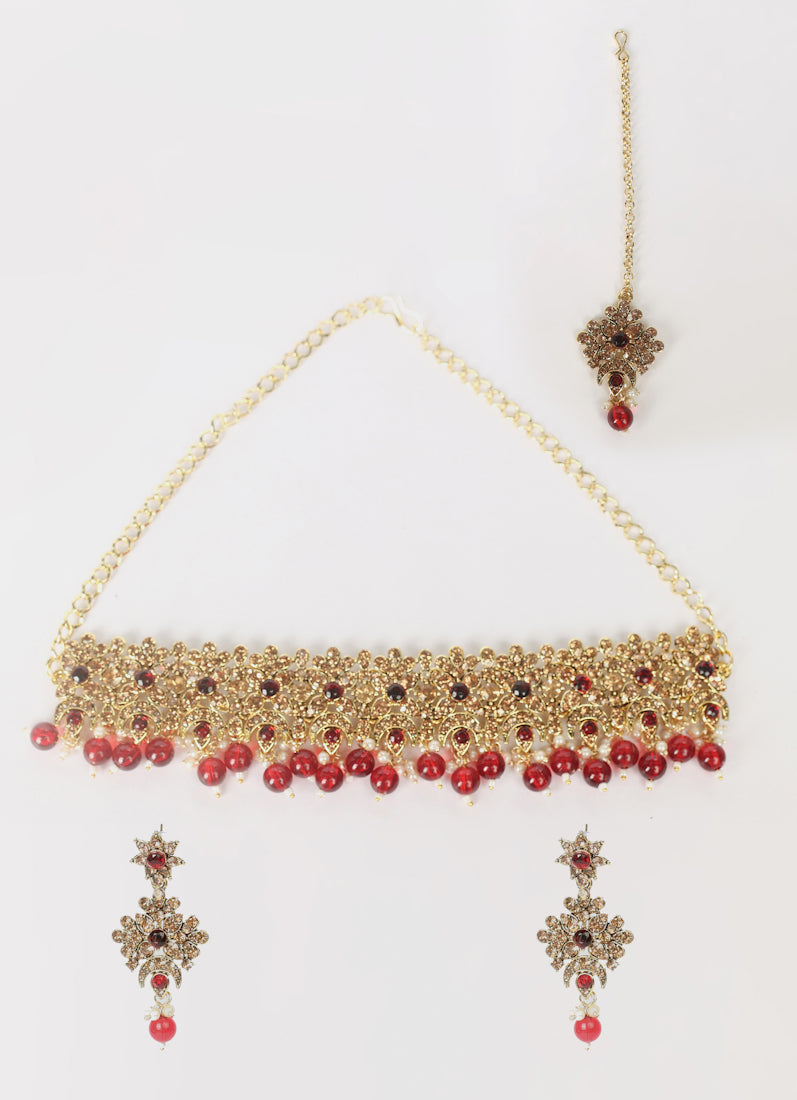 Maroon Antique Gold Choker Set