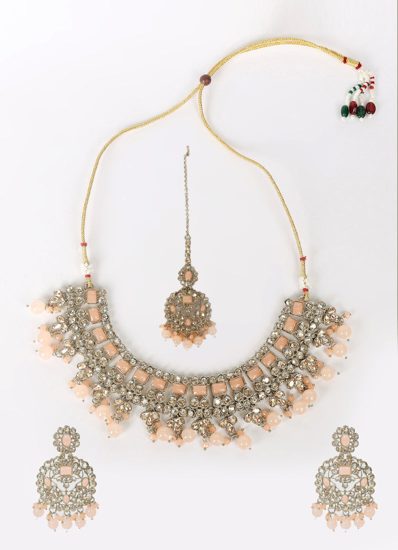 Icy Peach Pearl & Stone Heavy Necklace Set