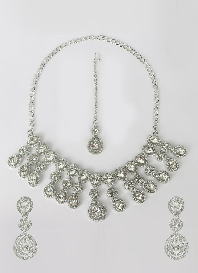 Silver Diamonte Droplet Necklace Set