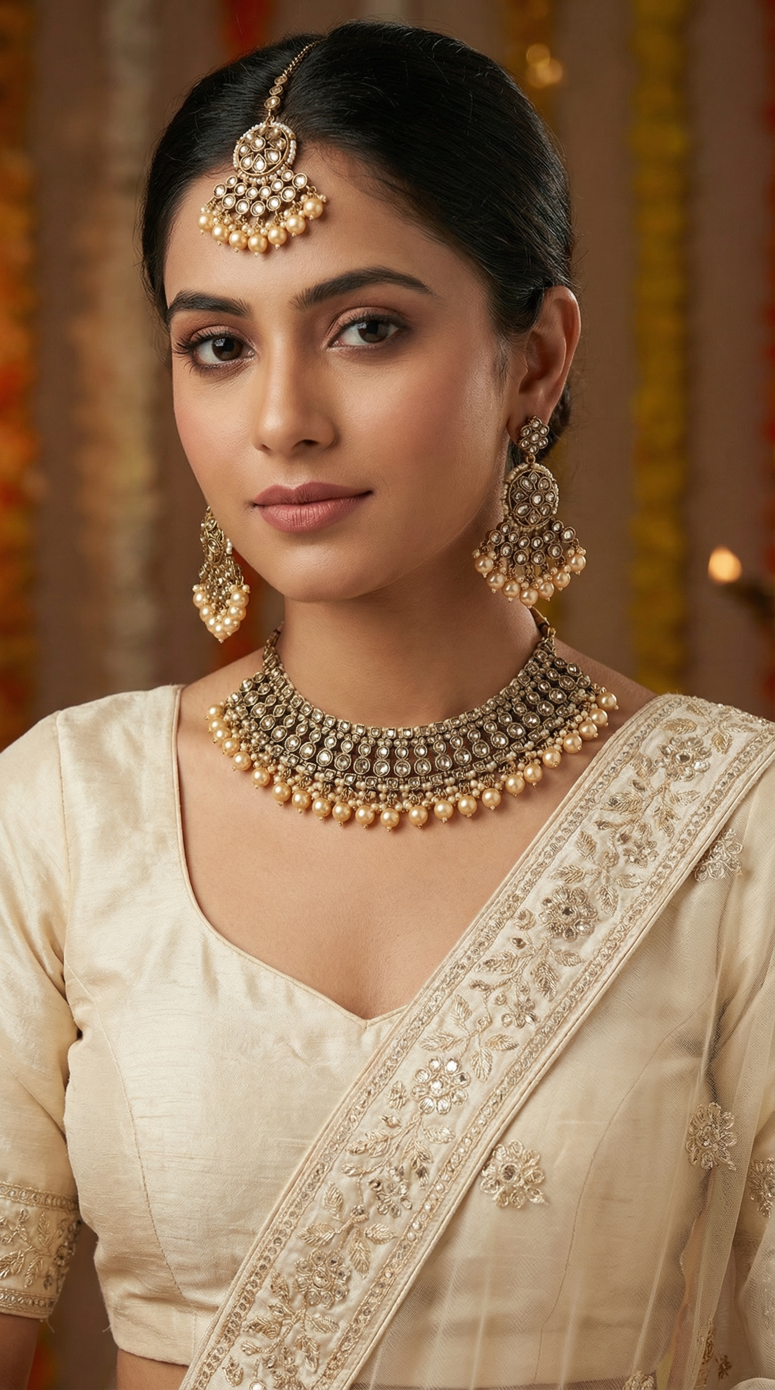 Womens Antique Gold Pearl & Stone Jewellery Set