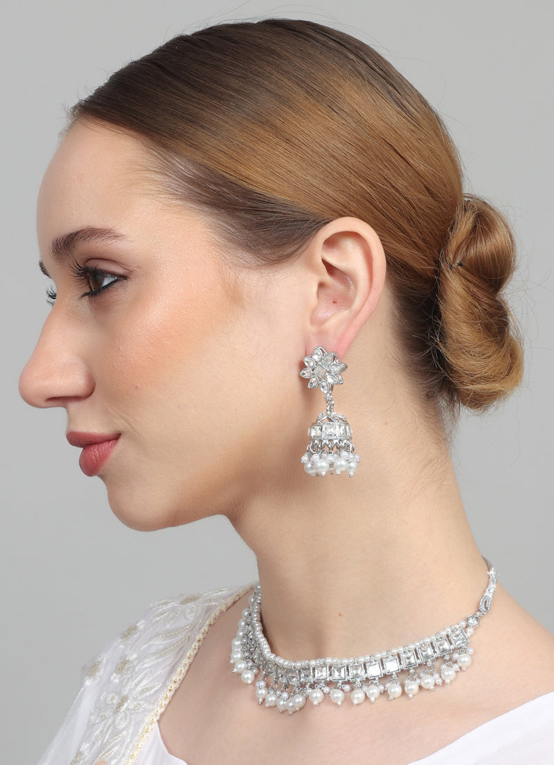 Womens Silver Pearl Drop Jewellery Set