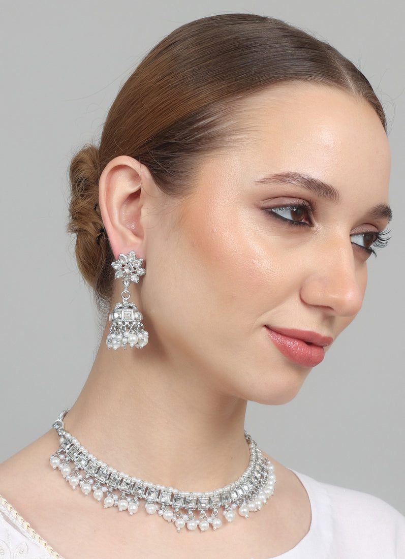 Womens Silver Pearl Drop Jewellery Set