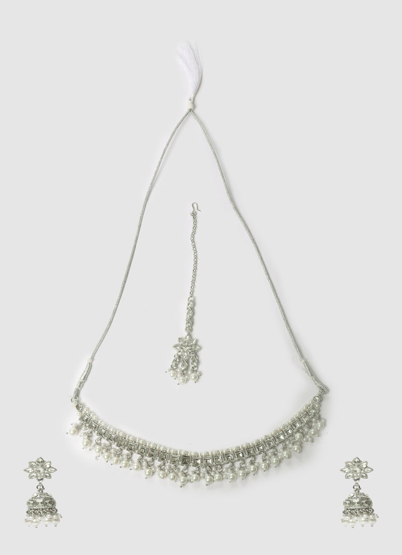 Womens Silver Pearl Drop Jewellery Set