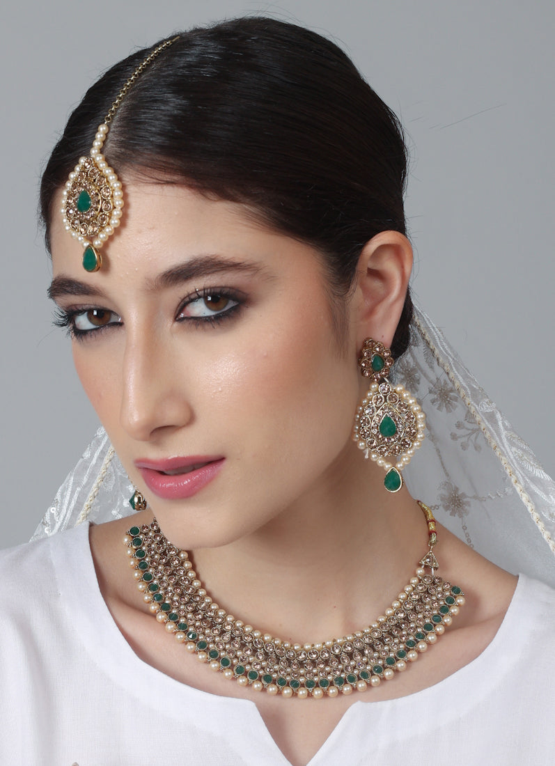 Womens Dark Green & Gold Jewellery Set