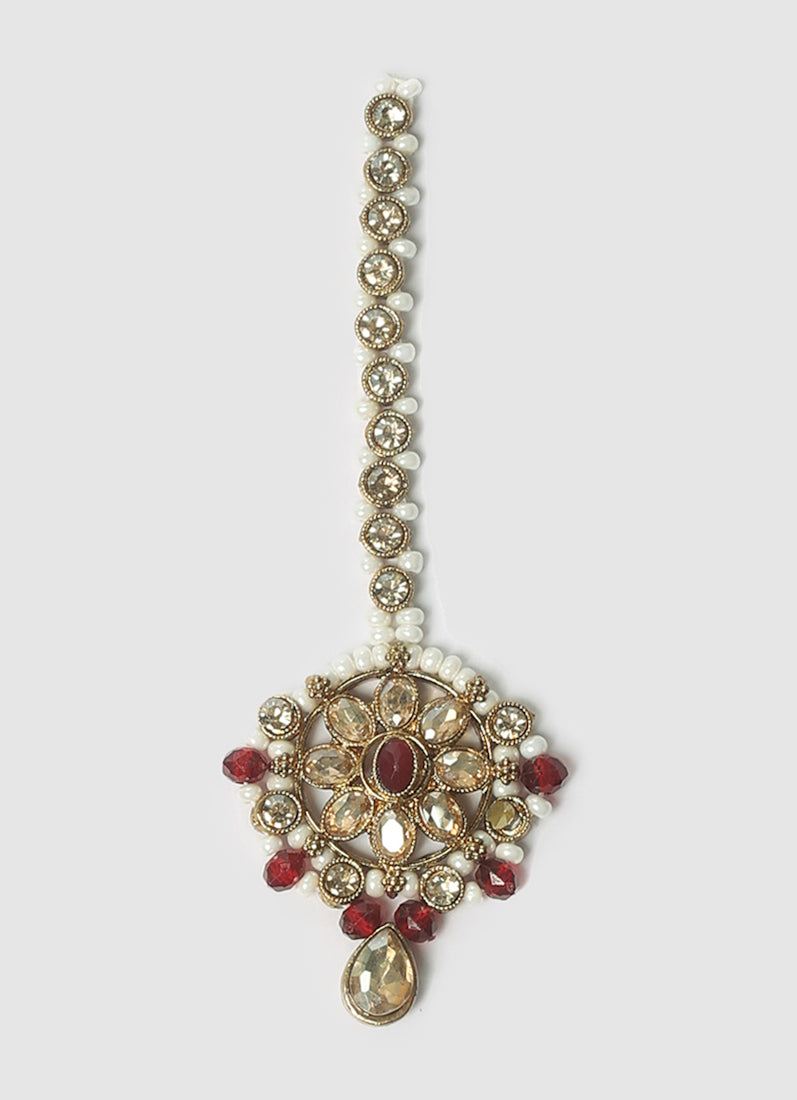 Womens Delicate Auntique Gold & Maroon Jewellery Set