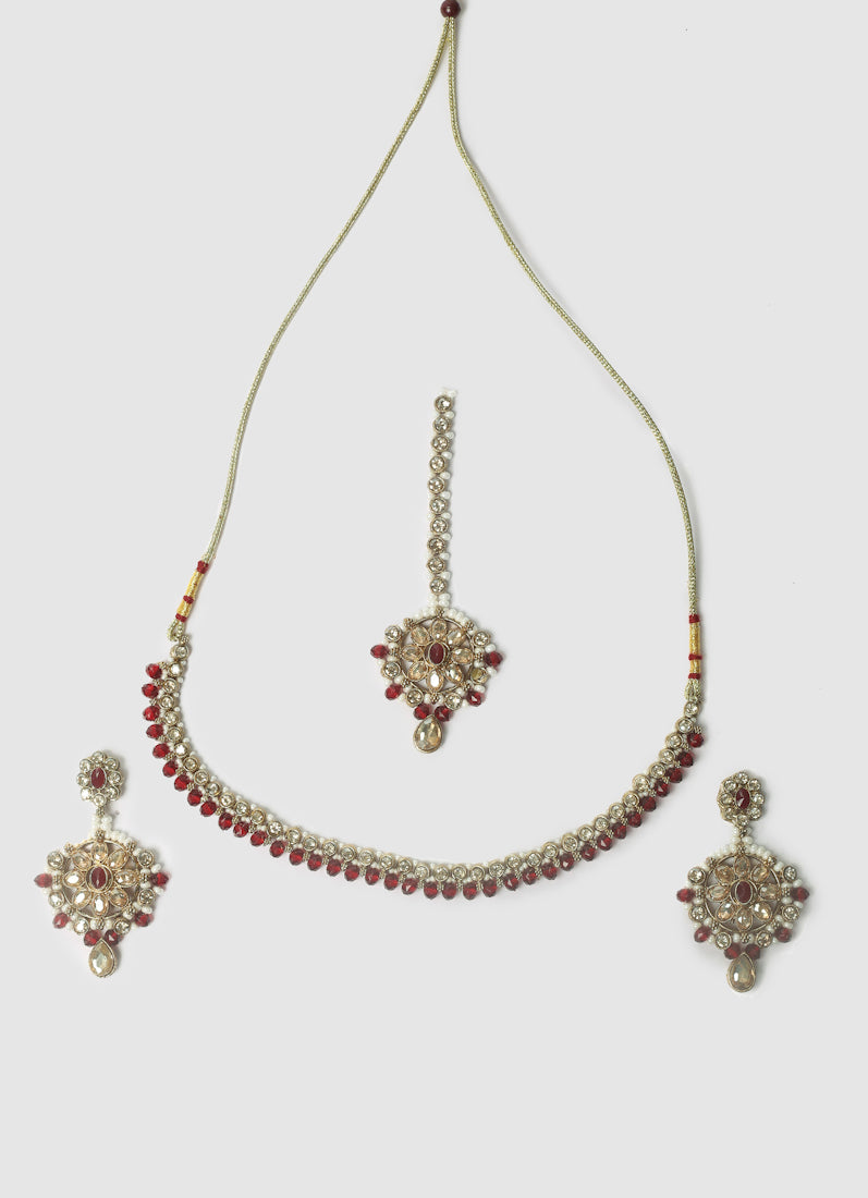 Women’s Delicate Antique Gold & Maroon Jewellery Set
