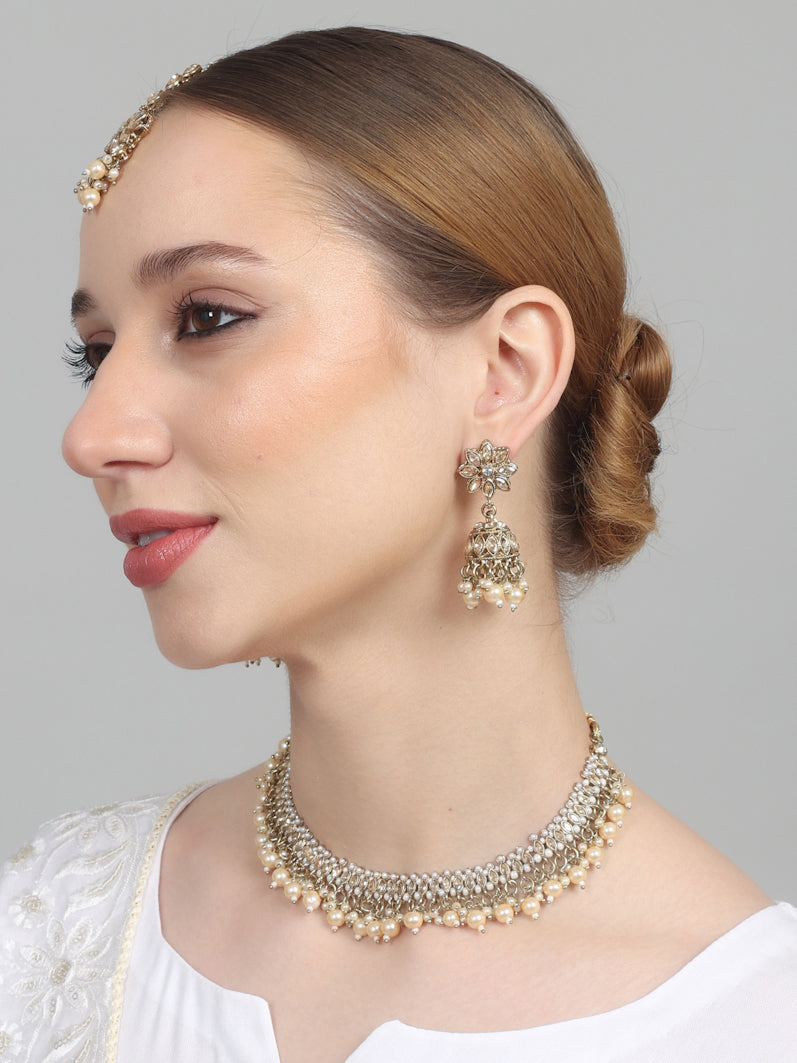 Womens Pearl White Drops & Antique Gold Jewellery Set