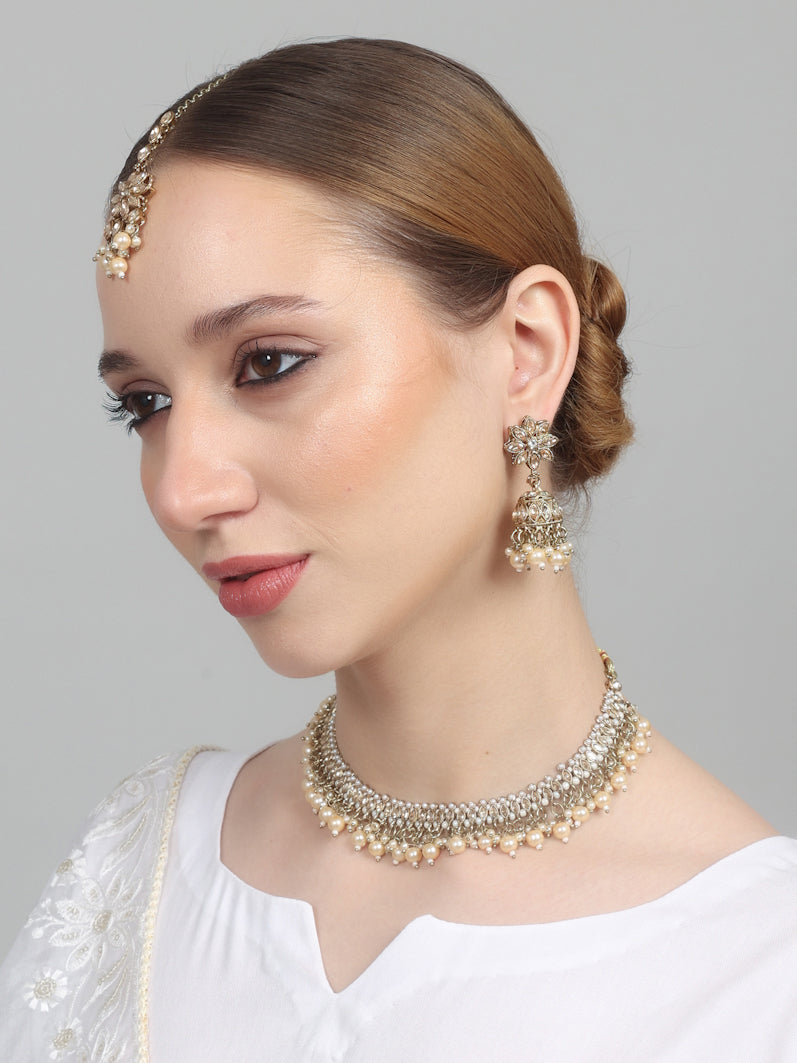 Womens Pearl White Drops & Antique Gold Jewellery Set