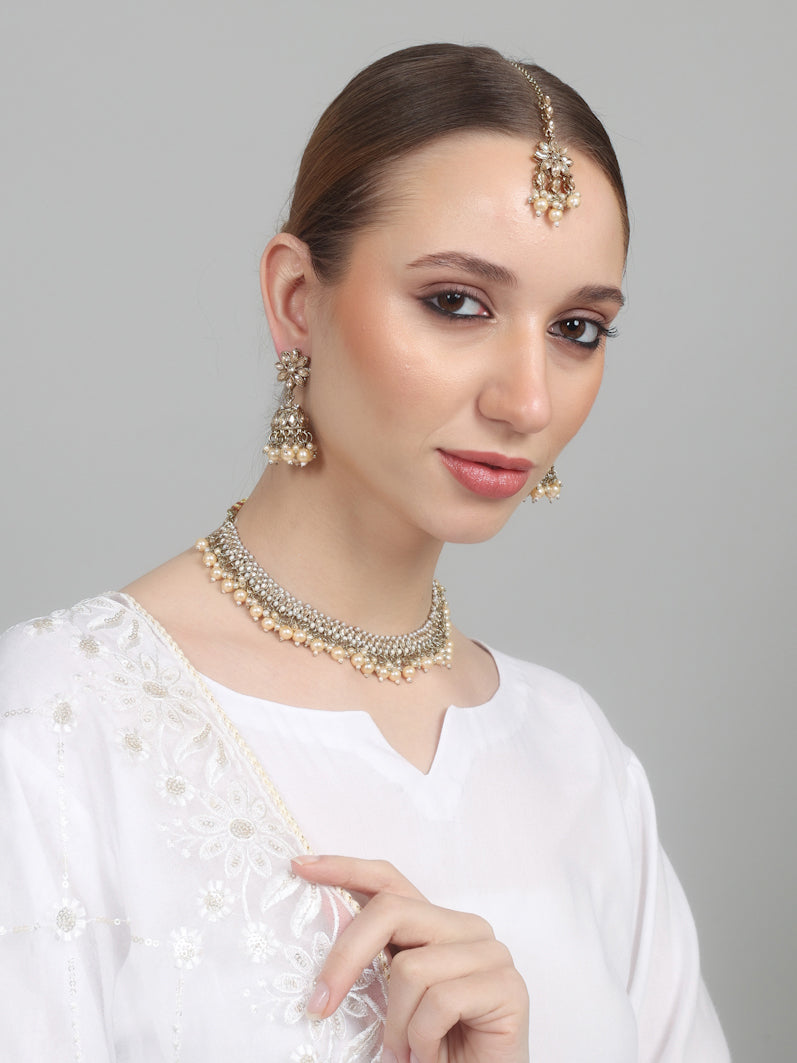 Womens Pearl White Drops & Antique Gold Jewellery Set