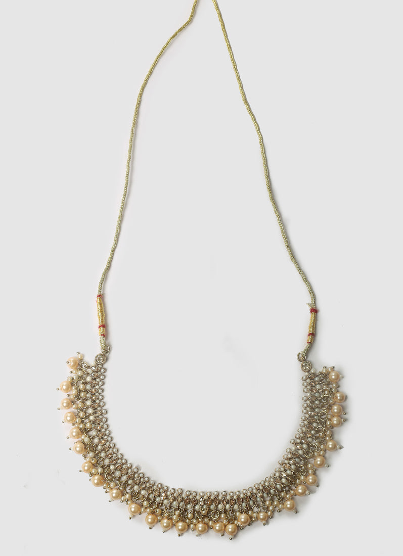 Womens Pearl White Drops & Antique Gold Jewellery Set