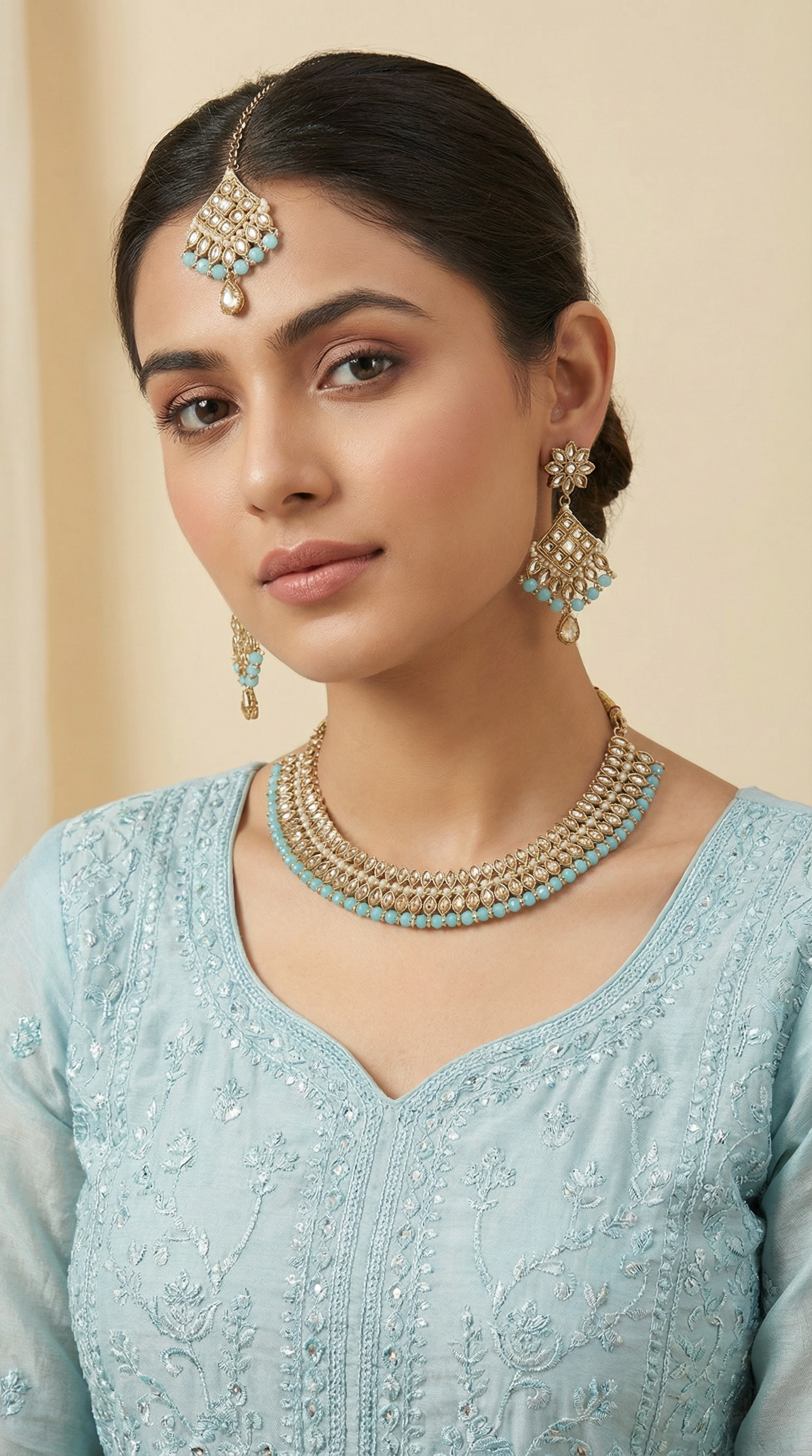 Women's Aqua Blue Pearls & Antique Gold Stone Jewellery Set
