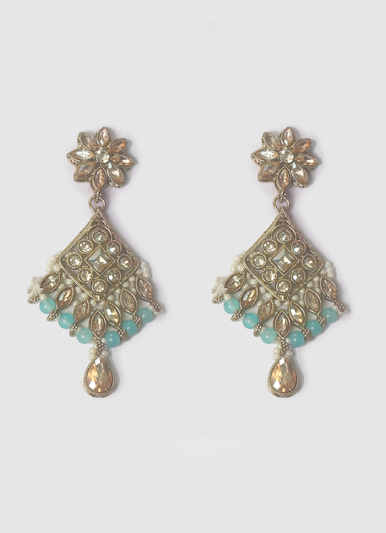 Womens Aqua Blue Pearls & Antique Gold Stone Jewellery Set