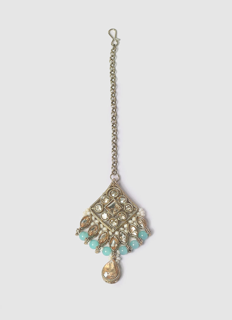 Womens Aqua Blue Pearls & Antique Gold Stone Jewellery Set