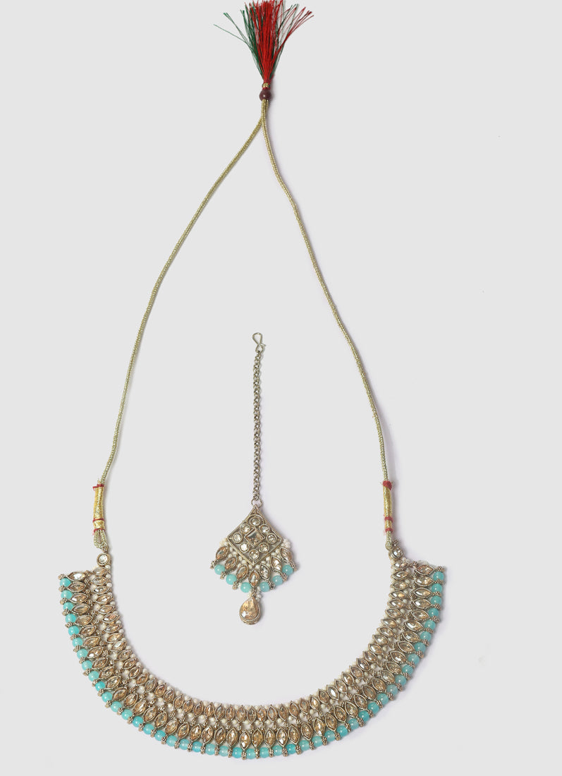 Womens Aqua Blue Pearls & Antique Gold Stone Jewellery Set