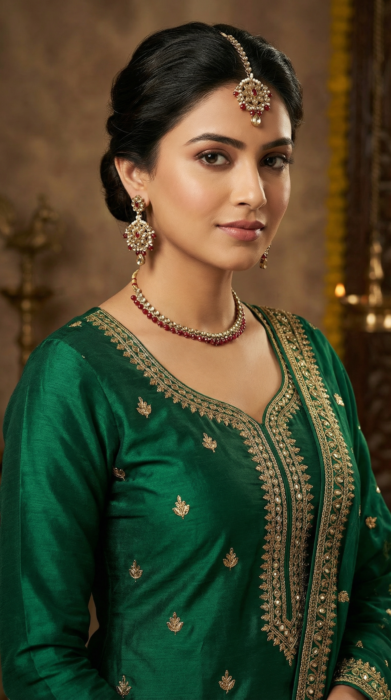 Women’s Delicate Antique Gold & Maroon Jewellery Set