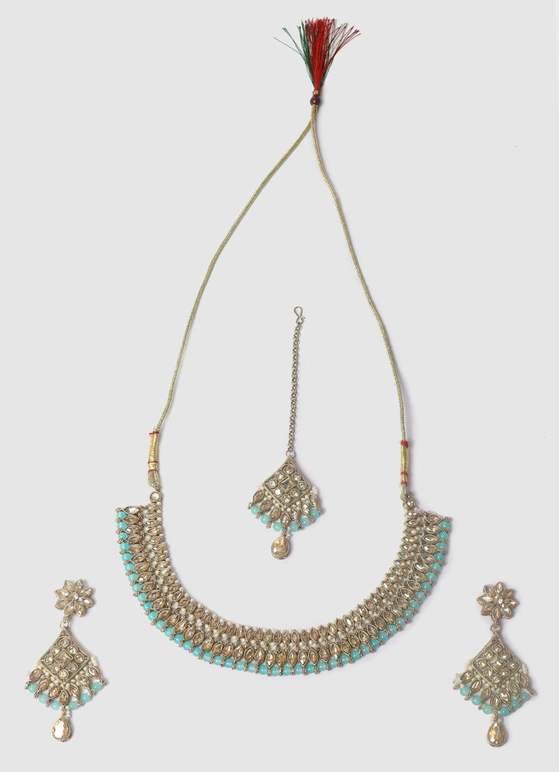 Womens Aqua Blue Pearls & Antique Gold Stone Jewellery Set