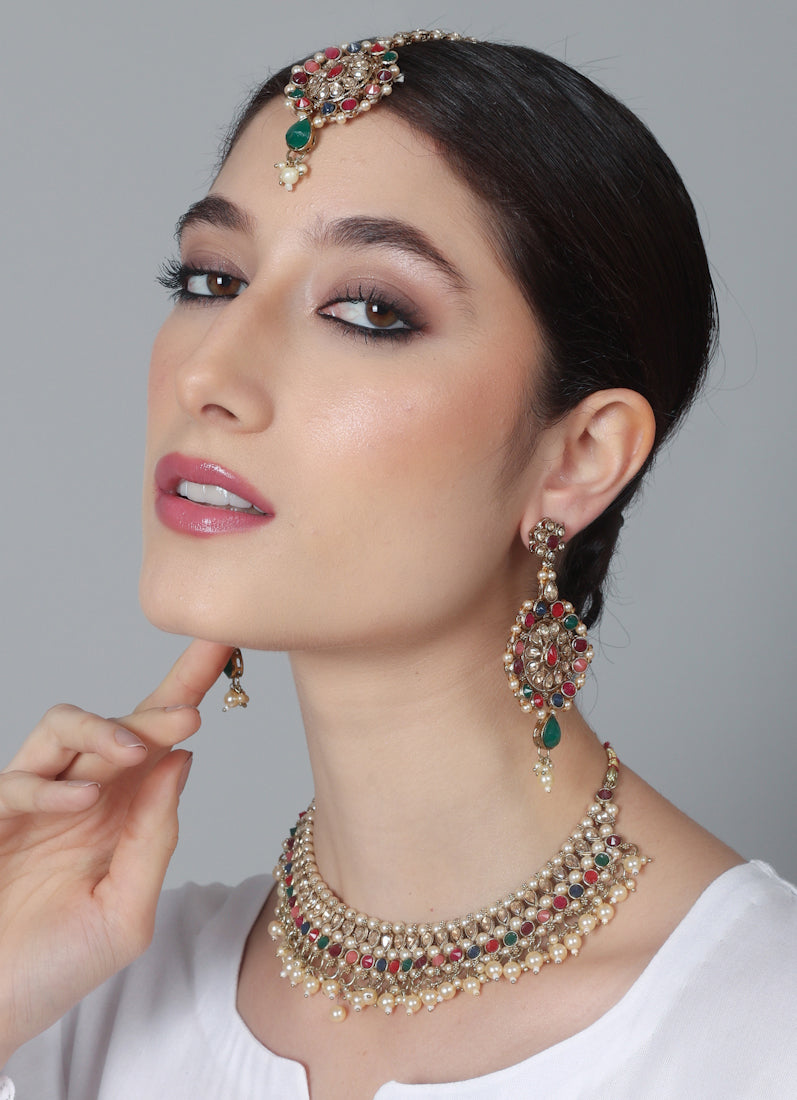 Womens Multicolour Beads, Pearls & Antique Gold Jewellery Set