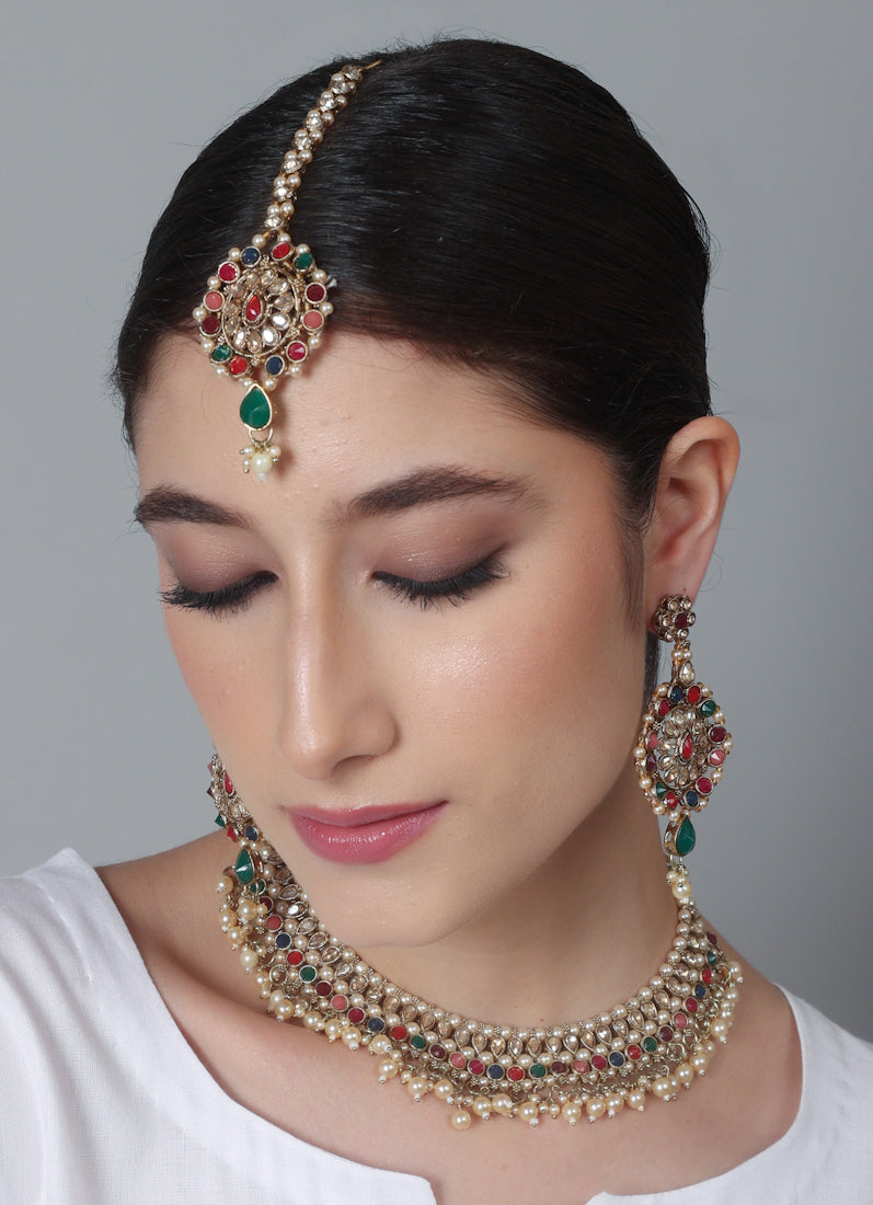 Women’s Antique Gold Multi-color Beaded Pearl Necklace Set