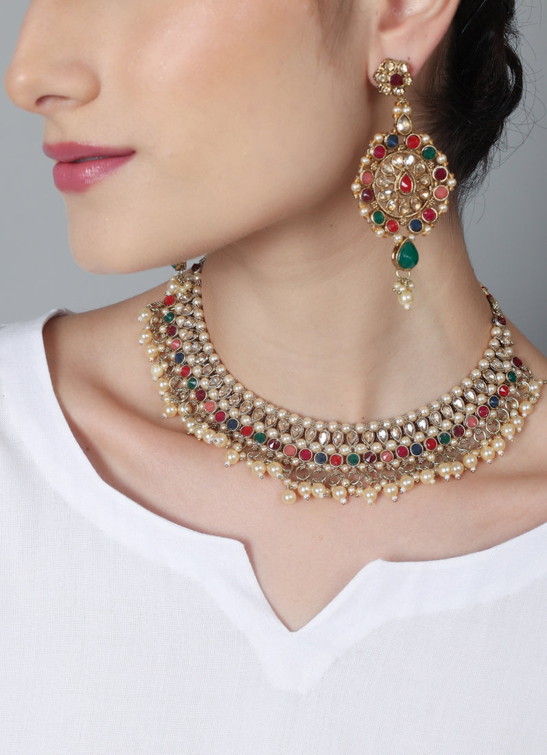 Womens Multicolour Beads, Pearls & Antique Gold Jewellery Set