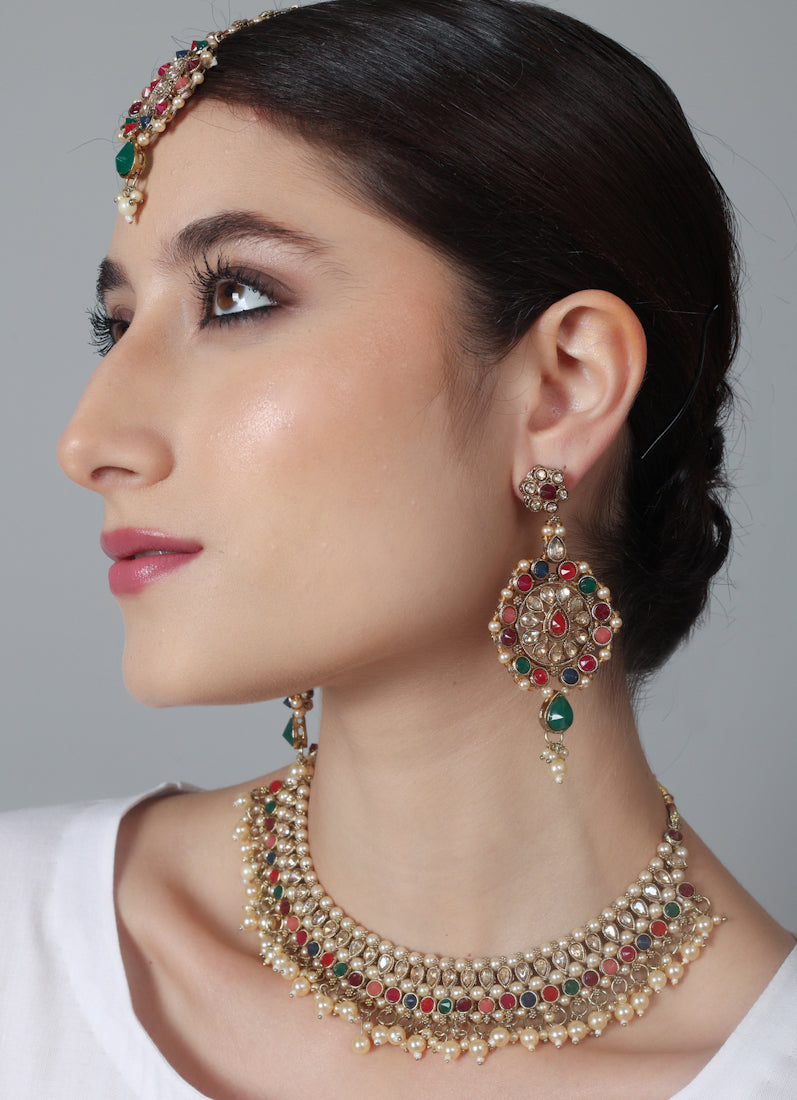 Womens Multicolour Beads, Pearls & Antique Gold Jewellery Set