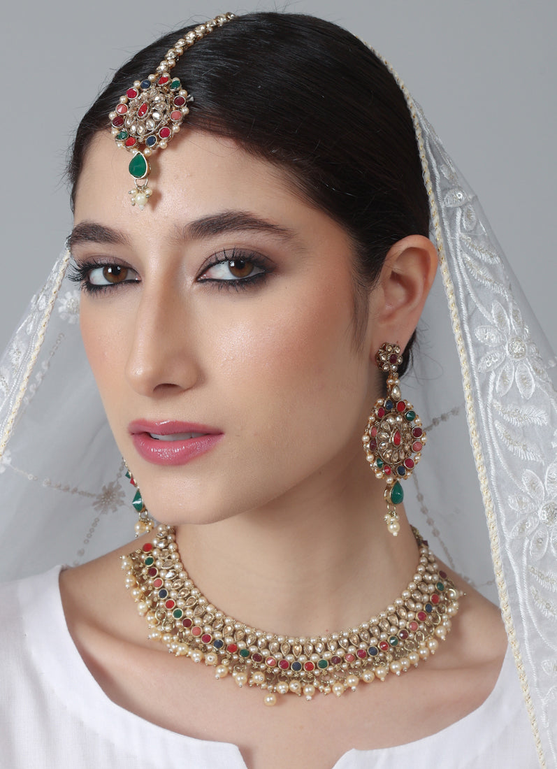 Womens Multicolour Beads, Pearls & Antique Gold Jewellery Set