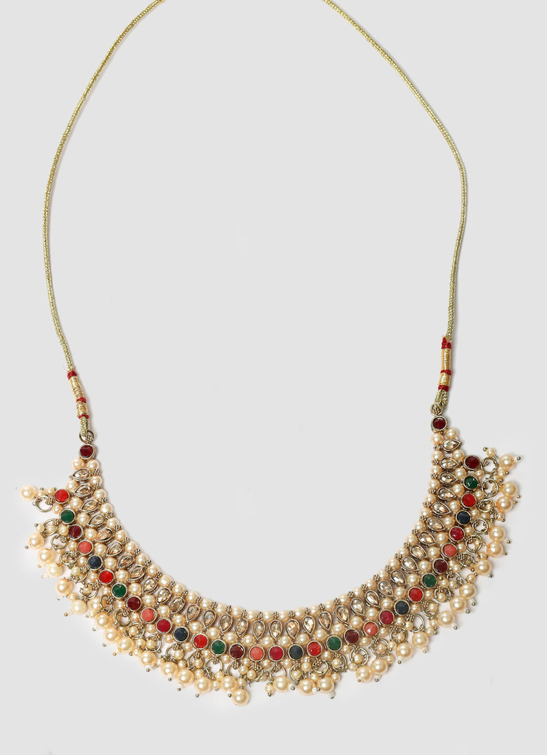 Women’s Antique Gold Multi-color Beaded Pearl Necklace Set