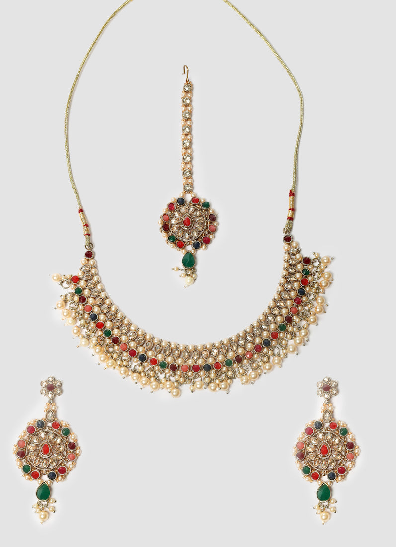 Womens Multicolour Beads, Pearls & Antique Gold Jewellery Set