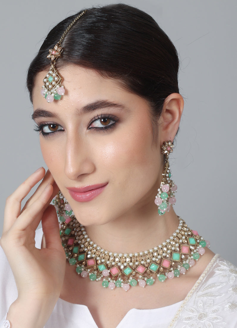 Womens Pastel Pink & Green Stone & Beads Jewellery Set