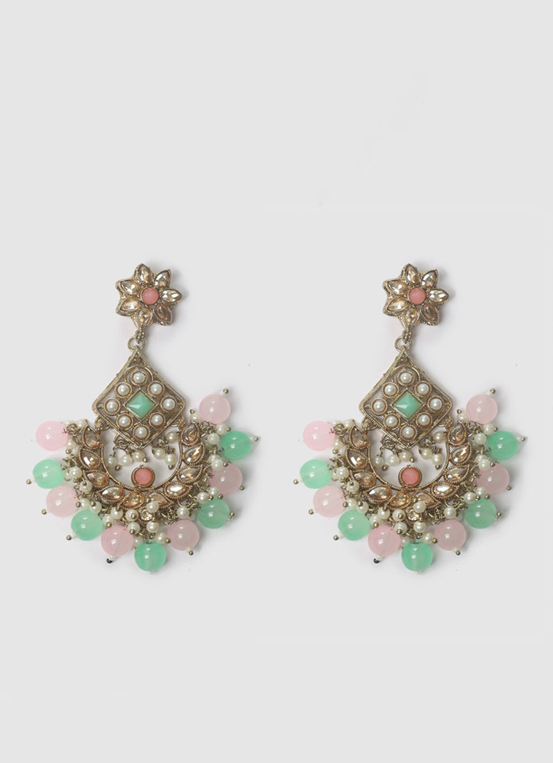Women’s Antique Gold Pink & Sea Green Beaded Stone Necklace Set