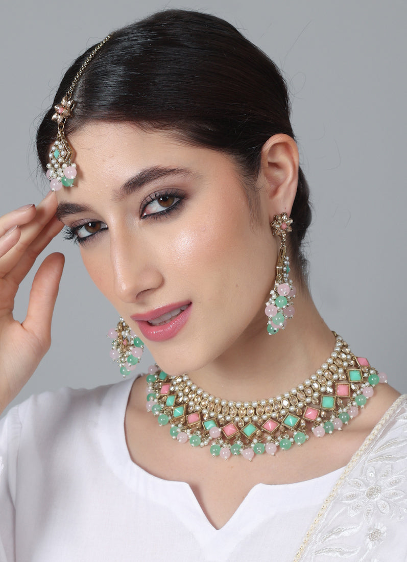 Women’s Antique Gold Pink & Sea Green Beaded Stone Necklace Set