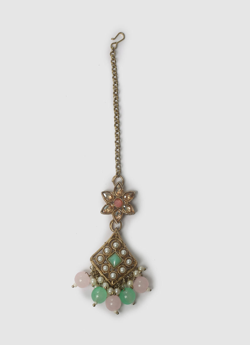 Women’s Antique Gold Pink & Sea Green Beaded Stone Necklace Set