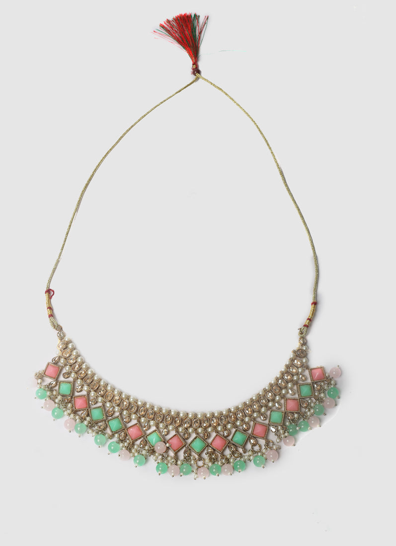 Women’s Antique Gold Pink & Sea Green Beaded Stone Necklace Set